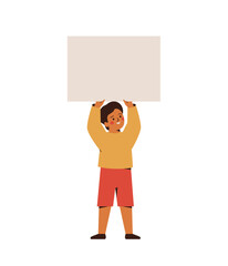 Happy school boy holds empty poster over head. Child with blank paper bill. Cheerful elementary kid with board. Vector illustration