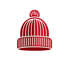 Red knitted winter beanie hat with a pom pom isolated on transparent background