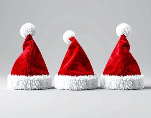 Three red Santa Claus hats in a row.