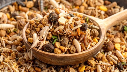 Wooden Bowl of Aquatic Insect and Pellet Fish Food
