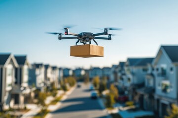 Drone delivering package over suburban neighborhood on a clear, sunny day