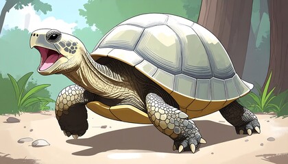 Cartoon turtle with open mouth crawls on ground, trees and foliage in background