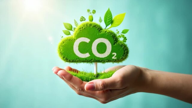 Reducing CO2 Emissions and Promoting Sustainability Concept. A hand holds green CO2 cloud icon with doodled environmental symbols, such as solar, wind turbines, and recycling. Reduce carbon dioxide.