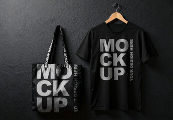 Professional Black T-Shirt and Tote Bag Mockup Hanging from a Wooden Hanger Against a Black Wall