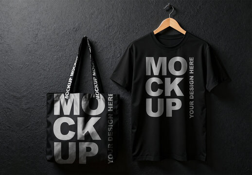 Professional Black T-Shirt and Tote Bag Mockup Hanging from a Wooden Hanger Against a Black Wall