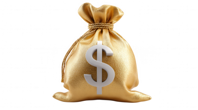 Golden money bag with dollar sign isolated on transparent background