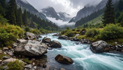 Serene Mountain River in the Alps