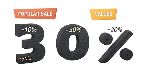 Popular sale values with different discount rates on a black background