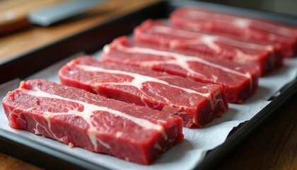 Raw beef short ribs arranged neatly on tray. High-quality meat shows clear lean muscle, fat distribution, perfect for culinary content. Presentation clean, suggesting freshness, readiness for