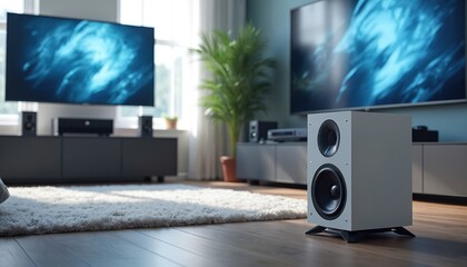 Modern home theater setup featuring large screens, speakers. Includes subwoofers, AV receiver for immersive audio. Enhance listening experience with advanced acoustic technology for superior sound.