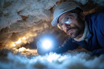 Man inspecting attic insulation with flashlight during home renovation project in the evening