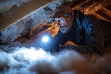 Man inspecting attic with flashlight during evening, focused on hidden areas and possible issues