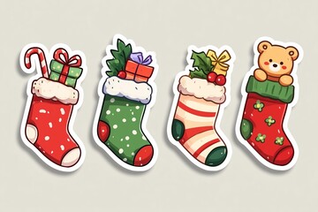 Colorful Christmas Stockings with Gifts and Decorations &ndash; Cute Cartoon Style