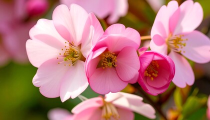 Close-up of blooming pink flowers with golden stamens on blurred green background