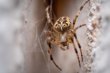 Close-up of a spider weaving a web on a wall in natural light during the day