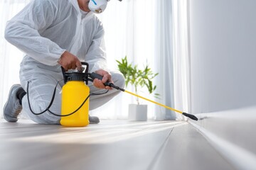 Professional pest control technician applying treatment in a modern indoor space with a yellow sprayer