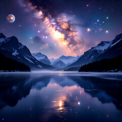“Frozen Alpine Lake Reflecting a Celestial Galaxy of Nebulas, Planets, and Stars Beneath Misty Mountains in a Surreal Fantasy Night Sky Landscape”