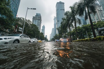 Heavy rain creates flooded street in busy urban area with tall buildings and vehicles in Mexico City
