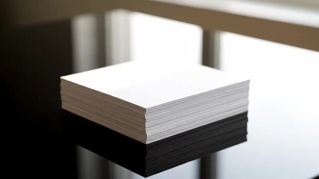 Stack of Blank Business Cards on Glossy Table - A neat stack of blank business cards sits on a reflective black surface. Soft daylight is visible in the blurred background.
