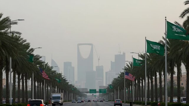 Saudi arabia flags line street leading to riyadh skyline