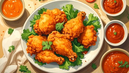 Crispy fried chicken wings on a plate, garnished with fresh cilantro, with dipping sauces