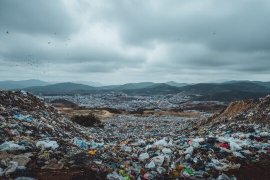 Waste dump surrounded by mountains and city under cloudy sky