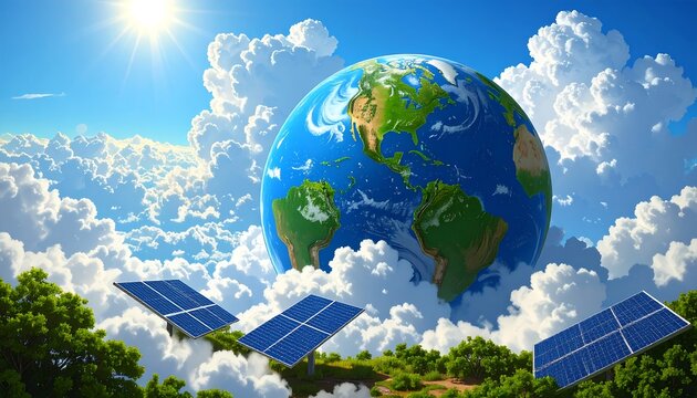 Earth, clouds, solar panels