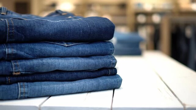 Stack of Folded Denim Jeans - A neatly stacked pile of folded denim jeans in various shades of blue sits on a white wooden surface.