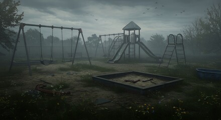 An Eerie and Abandoned Playground on a Gloomy, Misty Day