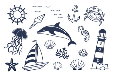 Naklejka premium Illustration of nautical elements including a dolphin, sailboat, and lighthouse in a doodle style on transparent background