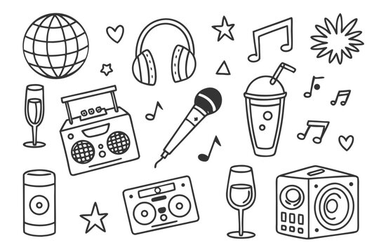 Illustration featuring a disco ball, headphones, microphone, boombox, and various music themed elements on transparent background