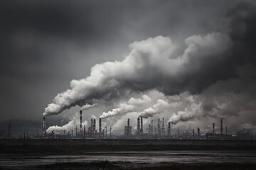 Factories release heavy smoke into the atmosphere during a cloudy day in an industrial area