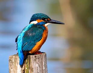 Vibrant Common Kingfisher Perched on a Weathered Wooden Post.