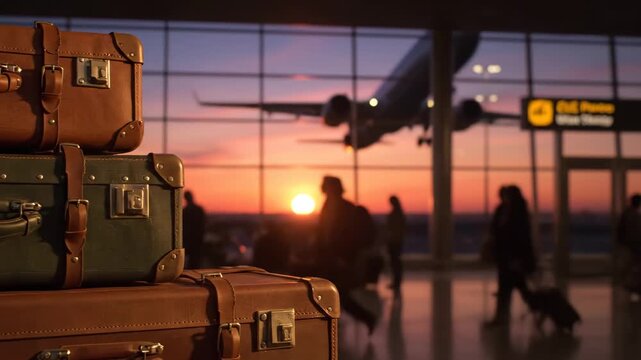 Sunset Departure: Stacked Suitcases at Airport - A stack of vintage-style suitcases sits in the foreground of an airport terminal, with a plane taking off against a vibrant sunset visible through a