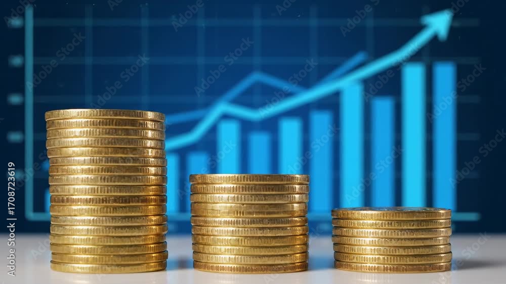 Aufkleber growing financial investment stacks of coins - three stacks of gold coins of varying heights are arr