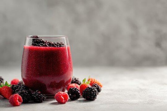 Fresh mixed berry smoothie served in a glass with strawberries and blackberries placed on a gray background