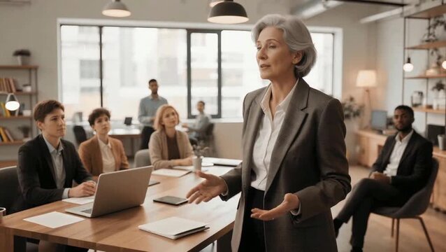  Mujer mayor hablando en un oficina a sus empleados