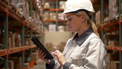 Female warehouse worker in safety gear using tablet for inventory management in large storage facility. concept of logistics, technology in warehousing, occupational safety. - Powered by Adobe