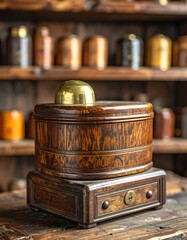 Antique wooden box on dark wooden table