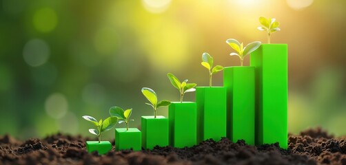 Green bar graph illustrates eco-friendly investment growth. Young plants sprout from ascending bars, sustainable development, financial success. Report visualization represents positive trends in