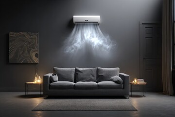 Modern living room with a sleek couch and air conditioning unit in a stylish, minimalist space