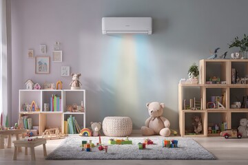 Cozy living room with soft colors, children's toys scattered on the floor, and a ceiling air conditioning unit providing comfort