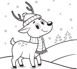 A funny cartoon cow dressed as Santa Claus rides a flying reindeer with a gift