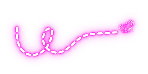 Curved dashed path with glowing neon pink trail and butterfly silhouette illustration PNG