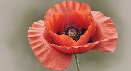 A Majestic Red Poppy in a Watercolor and Oil Painting Style