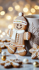  A decorated gingerbread man cookie standing next to a white ceramic mug.