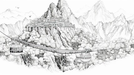 Fototapeta premium Mountainside cityscape drawing