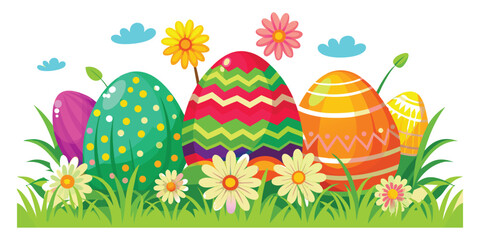 Colorful Decorated Easter Eggs Nestled in Green Grass with Flowers and Clouds decoration