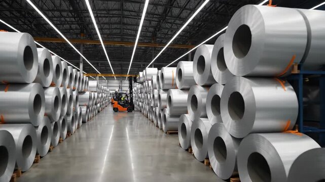 Steel Roll Storage in Modern Warehouse - Rows of large steel rolls are neatly stacked in a spacious warehouse. A forklift is visible in the background, suggesting industrial logistics and production.
