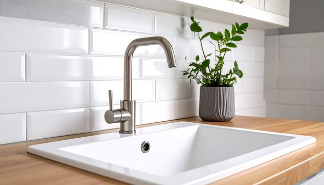 Modern Kitchen Sink with Brushed Nickel Faucet and Plant